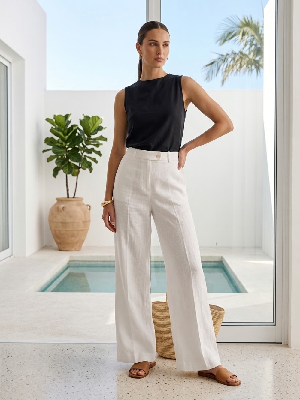 Vintage 90s David Findlay White Linen Wide Leg Trousers | Made in Canada - US 4